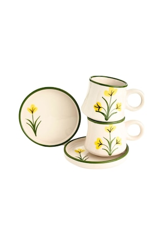 2 Li Takım Sarı Çiçek Desenli El Yapımı Kazan Seramik Kahve Fincanı, Kahve Fincanı Beyaz