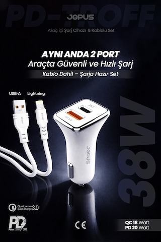 Jopus İphone Araç Şarj Aleti Çakmaklık Seti - Lightning + USB Girişli 38W JO-A7