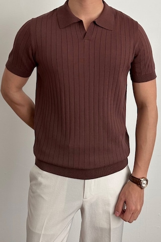 Tarz Cool Erkek Mat Kahverengi Slim Fit Fitilli Polo Yaka Triko T-shirt Mat Kahverengi