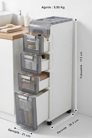 Makri Home Tekerlekli 4 Çekmeceli Dekoratif Dolap Beyaz, 21 Cm 36.5 Cm 113 Cm Beyaz
