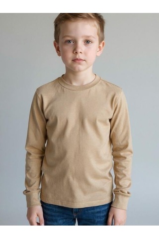 Zekids Erkek Çocuk Pamuklu Uzun Kol Basic T-shirt-16713 Bej