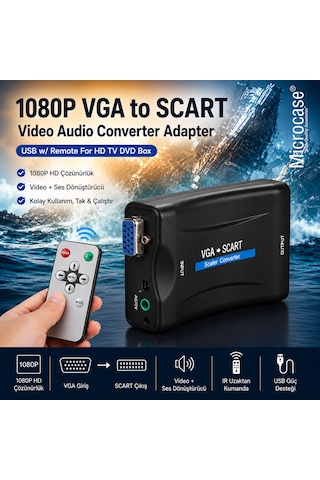 Microcase Vga To Scart Görüntü Dönüştürücü 3.5mm Ses Girişli Kumandalı Al5749 Siyah