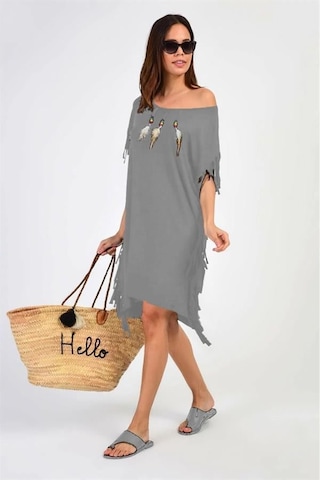 Aqe Fashion Kadın Geniş Yaka Kuş Tüyü Desenli Paça Püsküllü Gri Elbise Gri