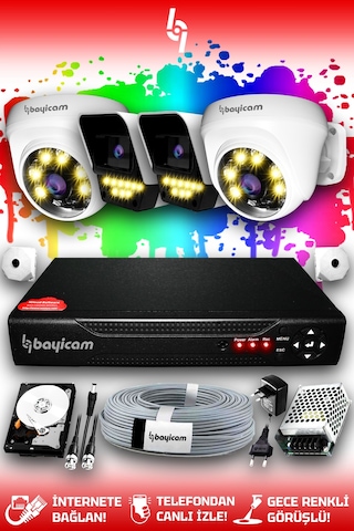 Bayicam 4 Kameralı Süper 2 İç Kamera Set 320 GB 5 MP 2K Renkli Gece Görüşlü Güvenlik Kamerası Sistemi