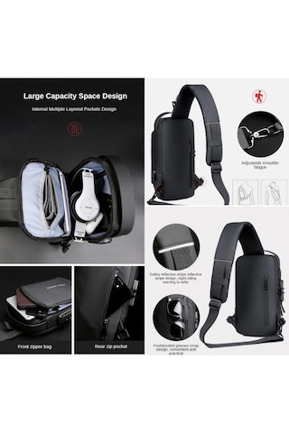 Arion USB Şarj Portlu ve Kilitli Omuz ve Göğüs Çantası Gri - Kahve