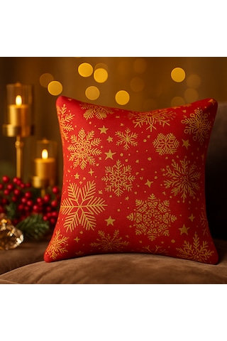 Kırmızı Yılbaşı Temalı Kırlent Kılıfı Kar Tanesi Desenli, Gold Detaylı 40 40 Cm 40 x 40