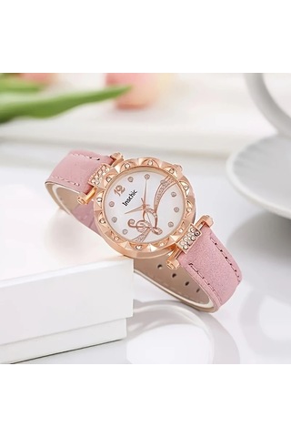 Kadın Yuvarlak Kuvars Saat Ve Bileklik+kolye+küpe+yüzük Takı Seti Pudra