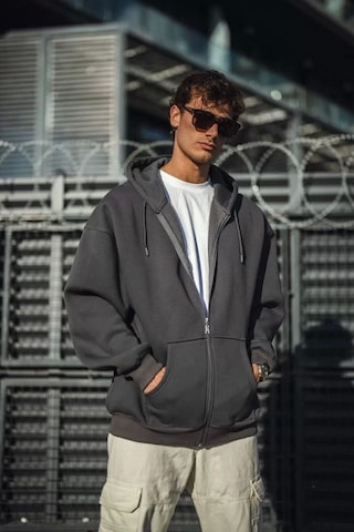 Oversize Tam Fermuarlı Uzun Kol Hırka - Füme Füme