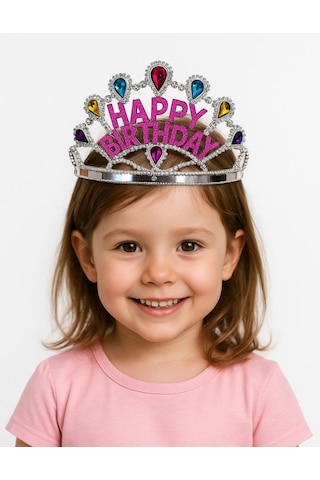 Gümüş Renk Happy Birthday Yazılı Doğum Günü Tacı 60 Cm 6 Yaş