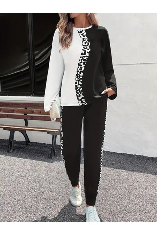 Tua Moda Kadın Uzun Kollu Bisiklet Yaka Çift Renkli Viskon Iki Iplik Bluz Ve Pantolon Ikili Takım Siyah