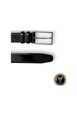 Vanilla Collection Rugan Vegan Deri Kemer Gümüş Metal Tokalı İnce Model Parlak Siyah Rugan Siyah