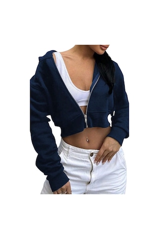 Lacivert Kadın Crop Fermuarlı Kapüşonlu Sweatshirt Lacivert