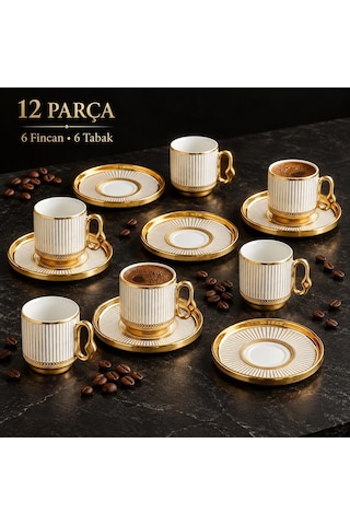 Valkyrie 12 Parça 6 Kişilik Türk Kahvesi Fincan Takımı 80ml Gold Detaylı 6 Fincan 6 Tabak K651-a
