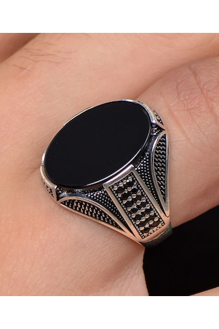 Oniks Taşlı Zirkon Taş Süslemeli 925 Ayar Gümüş Erkek Yüzüğü 800525