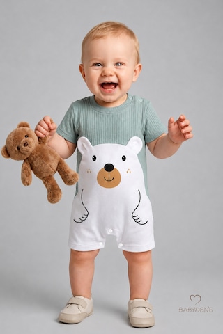 Babyden's Erkek Bebek Ayıcık Baskılı Kısa Kollu %100 Pamuk Yazlık Bebek Tulumu Yenidoğan Günlük Tulum 0-9 Ay Haki - Yeşil