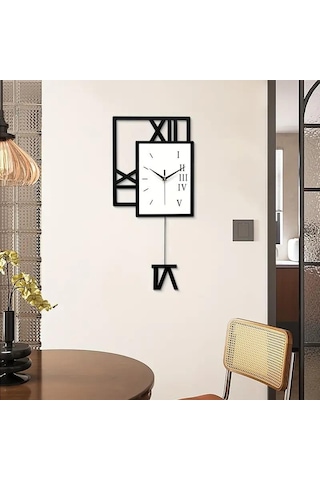 Cajuart Kare Tasarım Geometrik Roma Rakamlı Sallanan Sarkaçlı Duvar Saati Sessiz Siyah - Beyaz