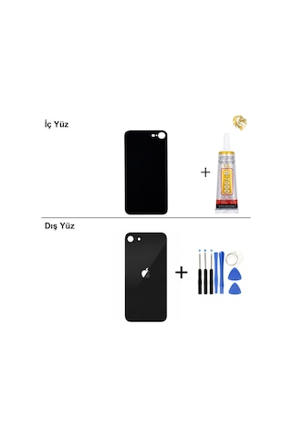 Apple iPhone Uyumlu Se 2020 Siyah Arka Kapak Arka Cam Batarya Kapağı Lazer Kesim Kapak Pil Kapağı + B-7000 Yapışt