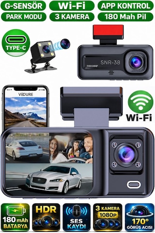 Snr-38 Wi-fi 3 Kameralı Araç İçi Güvenlik Kamerası Ir Gece Görüşü G-sensör Ön-arka-iç Kayıt Dashcam