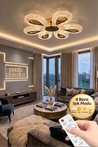 LumiaLighting Damla Model 6"lı Gold Kumandalı 3 Renk Modu Ledli Modern Plafonyer Salon Mutfak Çocuk Yatak Odası Led Avize