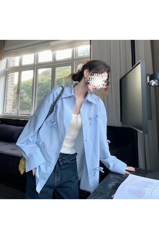 Kadınlar İçin 3d Fiyonklu Mavi Gömlek Kadın Şık Çok Yönlü Günlük Yaka Üst Düz Renk Uzun Kollu Bayan Tek Sıra Düğmeli Gömlekler Gökyüzü Mavisi