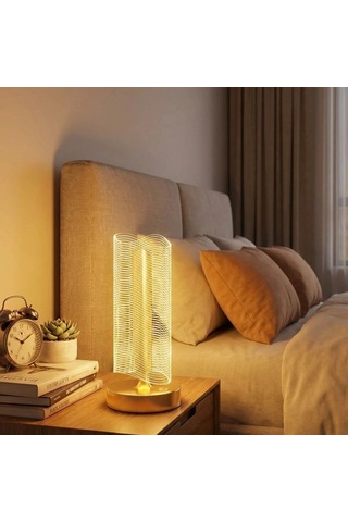 Gece Lambası Dalgalı Silindirik Kristal Çizgili Formlu Led Masa Lambası Tabanlı Dokunmatik 3 Renk Işık Modlu Şarj Edilebilir Modern Dekor Amaçlı Gold . 32032044