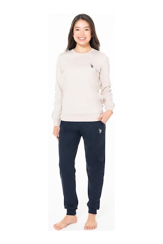 U.S. Polo Assn. Kadın 2 İplik Kışlık Uzunkol Cepli Dar Paça Ev Giyim Pijama Takım, %100 Pamuk Bej