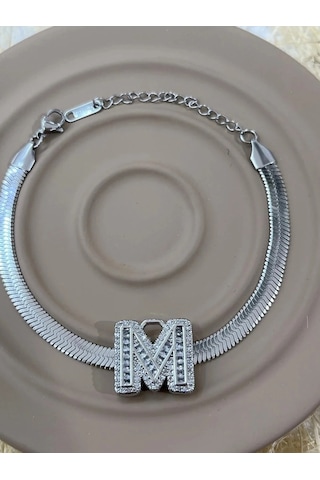 Premium Gümüş Renk Parlak Taşlı 316l Çelik M Harf Bileklik 23cm Uzunluk