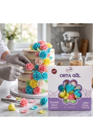 Gofret Gül Orta Boy 50 Adet 100 Yaprak Yenilebilir Pasta Süsleme Gülü