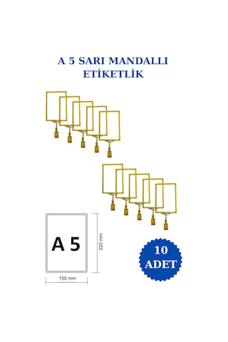 10 Adet Sarı A5 Mandallı Raf Sepet Etiketi Çerçeveli Etiketlik Sarı