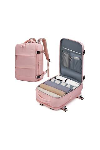 Su Geçirmez 16" İnç 30l Ayakkabı Bölmeli Seyahat Sırt Çantası - Laptop Bölmeli, Usb Şarj Girişli Pembe