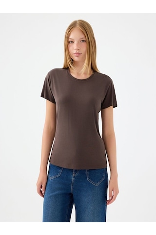 Slim Fit Kadın Tshirt K.kol Koyu Kahve