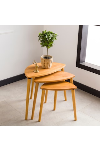 Furnirem Elips Yan Sehpa 3'lü Zigon Set, Masif Doğal Ahşap Meşe
