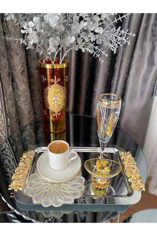 Atabey Home Collection 1 Adet Tekli Kahve & Çay & Sunum Dikdörtgen Büyük Sunum Tepsisi Çelik Gül Model Gold 30 Cm
