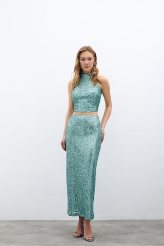 Sateen Fermuarlı Karolin Midi Etek - Mint-135350 Mint