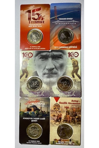 6 'lı Hatıra 1 Lira Para Kiti Seti, Ayasofya, Antep, Çanakkale, 15 Temmuz, 2'li Büyük Taarruz Çil