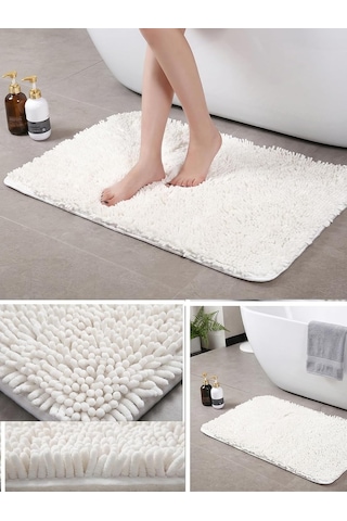 Şönil Banyo Paspası, Mikro Elyaf, Beyaz, 40x60 Cm Banyo Halısı, Uzun Tüylü, Yüksek Emicilik, Makinede Yıkanabilir Beyaz