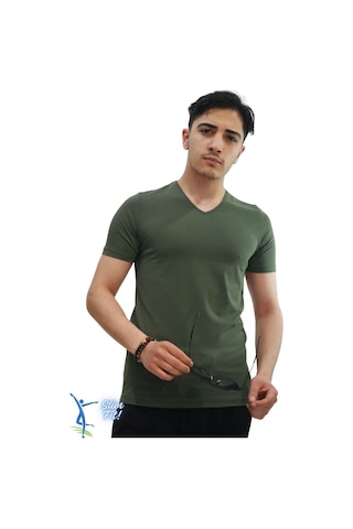 Sermoda Erkek Slim Fit V Yaka Tişört - Dar Kesim Basic Günlük T-shirt Haki