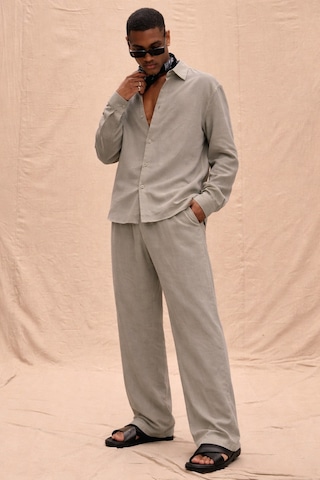 Tarz Cool Erkek Haki Tencel Kumaş Oversize Gömlek Pantolon Takım Rahat Kesim Yazlık Kombin Gri