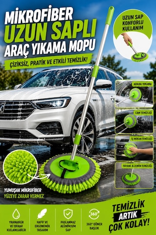 Mikrofiber Araç Yıkama Fırçası Uzun Saplı Oto Temizlik Mopu Yıkanabilir Başlık