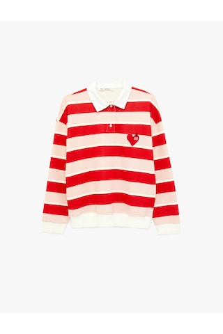 Koton Polo Yaka Düğmeli Uzun Kollu Oversize Kalpli Çizgili Sweatshirt Ekru Çizgili 6sal10437ık Ekru Çizgili