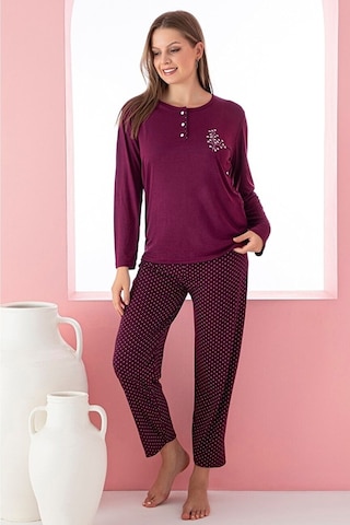 Farya Home Dreamy Uzun Kollu Desenli Düğmeli Yaka Pijama Takımı Mürdüm