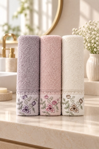 Bahar Dalı Çiçek Nakışlı El Yüz Havlusu 50x90 Cm 3 Lü Set %100 Pamuk - Lavender Cream Çok Renkli