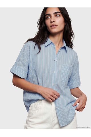 Lcw Vision Mavi Çizgili Oversize Kadın Gömlek