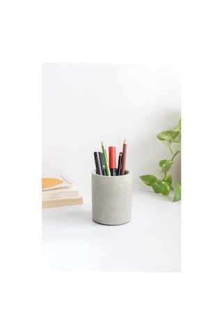 Dekoratif Beton Silindir Kalemlik Çok Amaçlı Organizer Vazo Saksı Ofis Ve Banyo Düzenleyici 8x10 Cm Beyaz