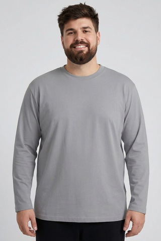 Tommylife Gri O Yaka Rahat Form Battal Büyük Beden Uzun Kollu Erkek T-shirt - 88107 Gri