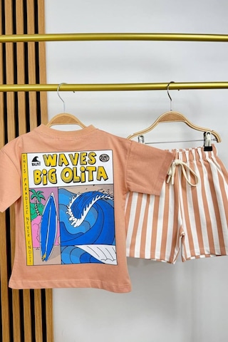 Monila Erkek Çocuk Pamuklu Bisiklet Yaka Baskılı T-shirt Ve Çizgili Şort Alt Üst Takım Somon