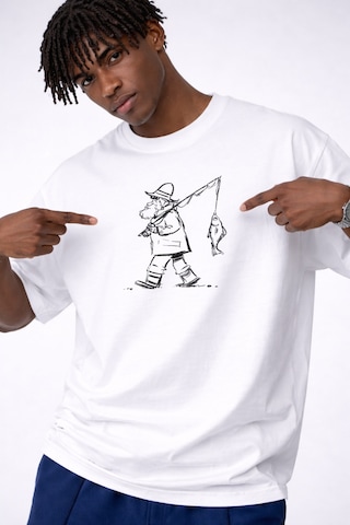 Yolo Street Oversize Beyaz Tişört %100 Pamuk Minimal Balıkçı Çizim Baskılı Unisex Streetwear Beyaz
