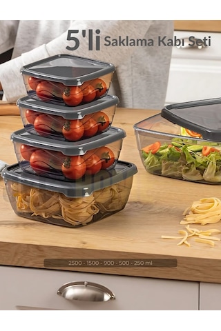 Jet's Home 5 Li Set Kare Saklama Kabı Seti Bpa Free Erzak Kabı Bakliyat Saklama Kapları Buzdolabı Kabı Şeffaf Antrasit