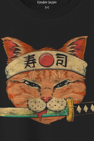 Cat Sushi Japanese Vintage Sokak Baskılı Siyah T-shirt Unisex Tişört 001