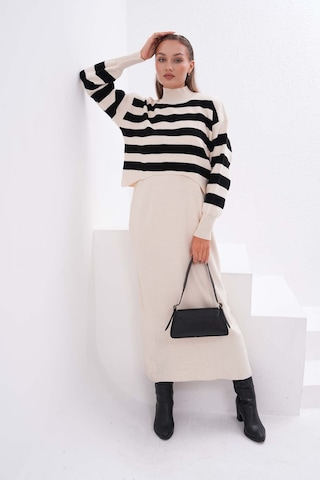 Kadın Triko Askılı Elbise Kazak İkili Takım Krem